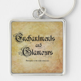 Kantverk och glamorns nyckelkedja fyrkantig silverfärgad nyckelring