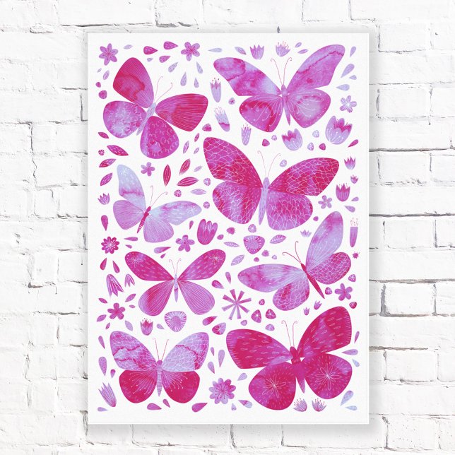 Kanvastryck för Rosa av vattenfärgsfärg Magenta (Magenta pink butterfly watercolor art canvas print)