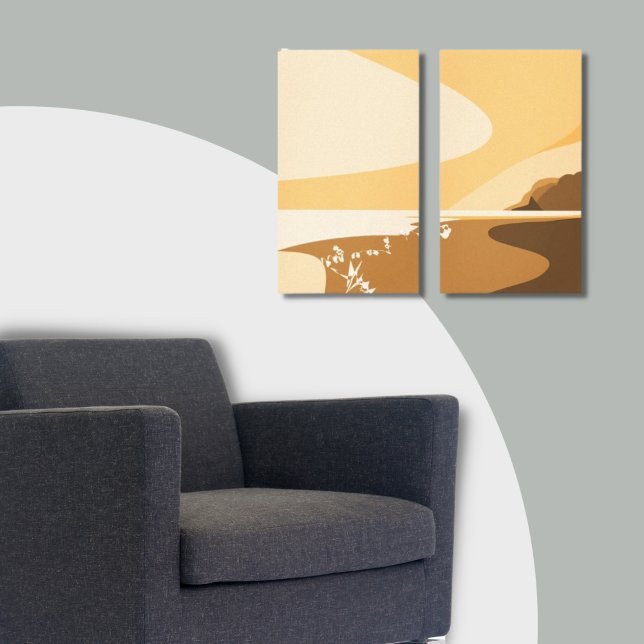 Kanvastryck för Sjölandskap av Sunset Orange Digit (Sunset Orange Digital Beach Seascape Canvas Print, Gray and Orange Decor)