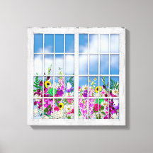 Kanvastryck, vy över blommor, Rustik fönsterruta