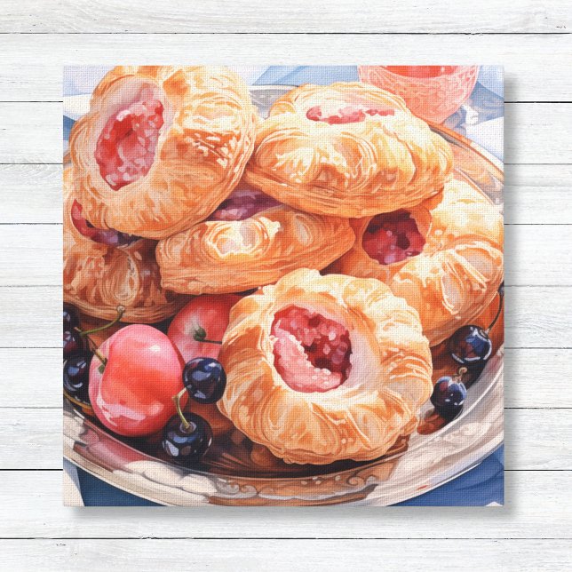 Kanvastrycket Bakery Dessert Croissant Canvastryck (Romantic Jelly Filled Danishes on a Silver Platter - Pretty Food Canvas Wall Art)