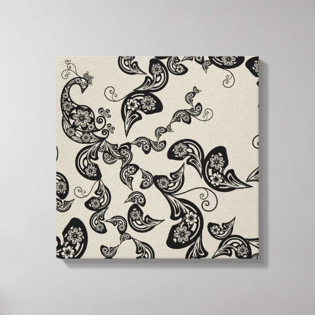 Kanvastrycket Black Blommigt Peacock Deco Art Canvastryck (Framsida)
