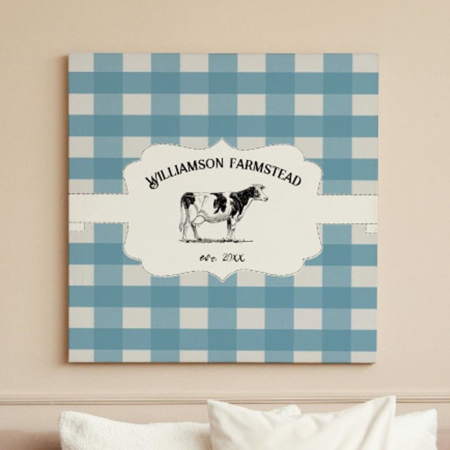 Kanvastrycket Blue Buffalo Play Farm Cow Canvastryck (Blue Buffalo Plaid Farm Cow Canvas Print)