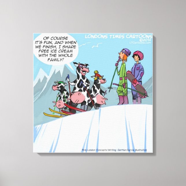 Kanvastrycket Cow Family Snö Skiing Funny Canvastryck (Framsida)