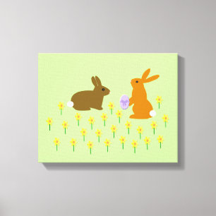Kanvastrycket Cute Påskhares and Daffodils Canvastryck