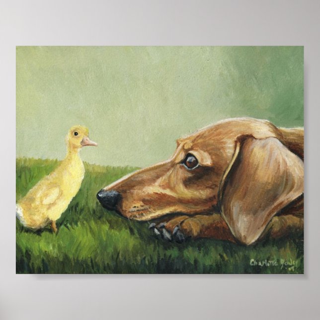 kanvastrycket "Dachshund and Duckling" Hund Art Poster (Framsidan)