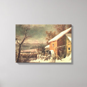 kanvastrycket Gamla Mill in Winter Currier & Ives Canvastryck