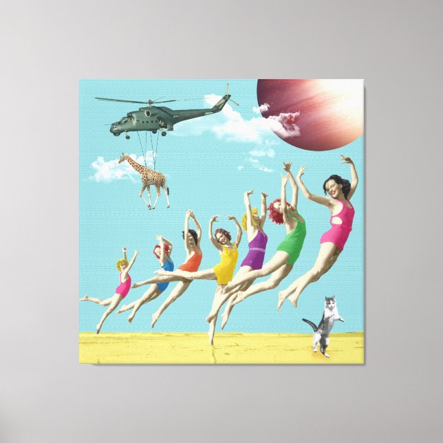 Kanvastrycket Girls Leaping Beach Retro Collage Canvastryck (Framsida)