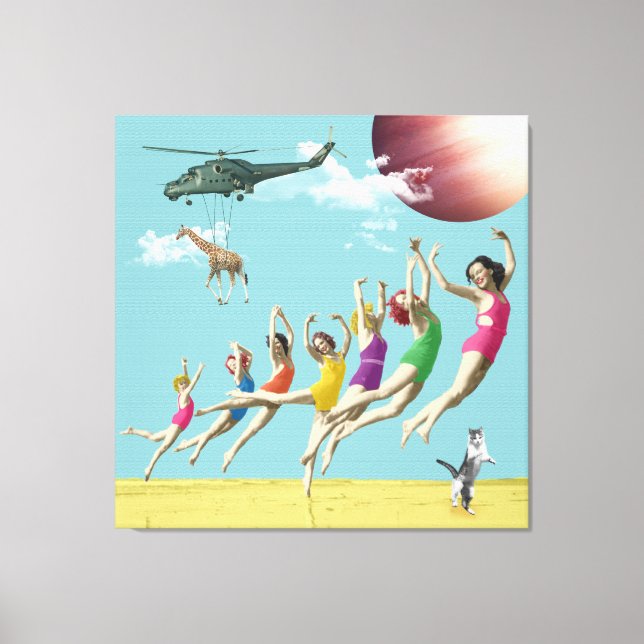 Kanvastrycket Girls Leaping Beach Retro Collage Canvastryck (Framsida)