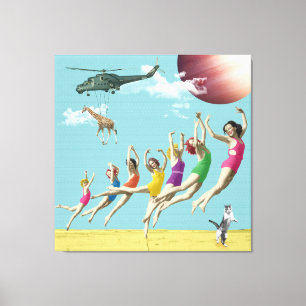 Kanvastrycket Girls Leaping Beach Retro Collage Canvastryck
