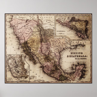 Kanvastrycket Karta, Mexiko och Guatemala Poster