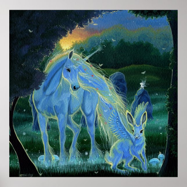 kanvastrycket "Misty Midsommers Morgon" Unicorn Poster (Framsidan)