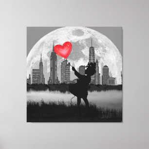 KANVASTRYCKET NEW YORK Full Moon Girl Heart Balloo Canvastryck
