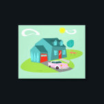 Kanvastrycket Retro Suburban House Stretched Canvastryck<br><div class="desc">Detta hus i Retro Suburban Stretched Kanvastryck mönster har ett typiskt amerikanskt hem i ett typiskt amerikanskt grannskap, omkring 1950. Ett tealhem med en friboblått tak och turkofönster är perfekt kompenserade av en pulserande röd ytterdörr och verksdörr. En klassisk rosa, 1950:s slutna konvertibel bil står parkerad på pikturesque-motorvägen. Kitschy, plast,...</div>