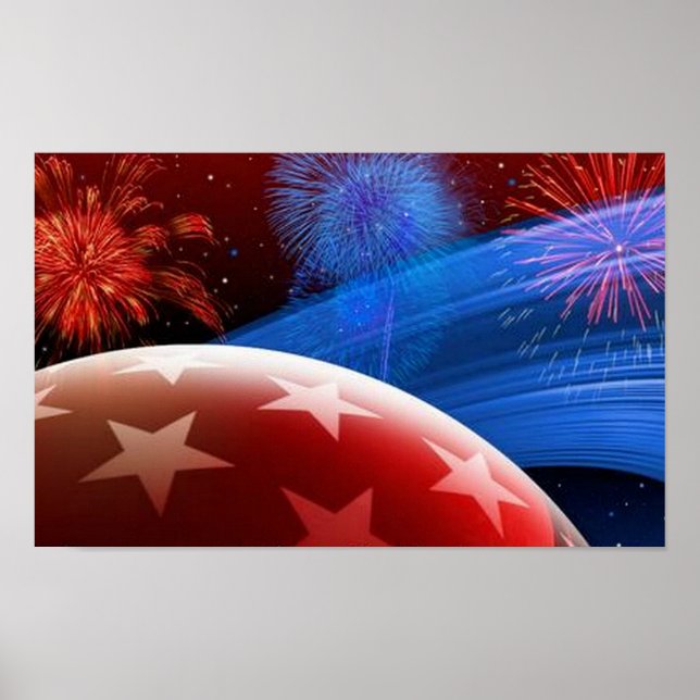 Kanvastrycket rött vitt blått stjärnor och Firewor Poster (Framsidan)