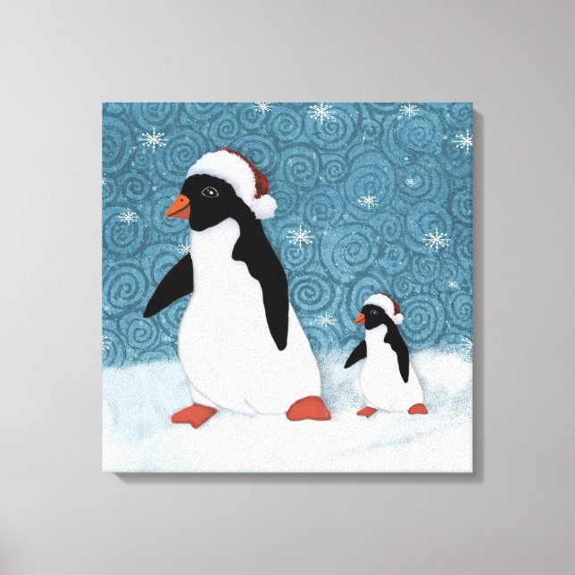 Kanvastrycket Santa Penguins Stretched Canvastryck (Framsida)