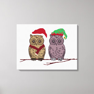 Kanvastrycket Santa Uggla och Elf Uggla Canvastryck