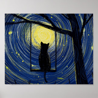 Kanvastrycket Starry Cat Night Poster