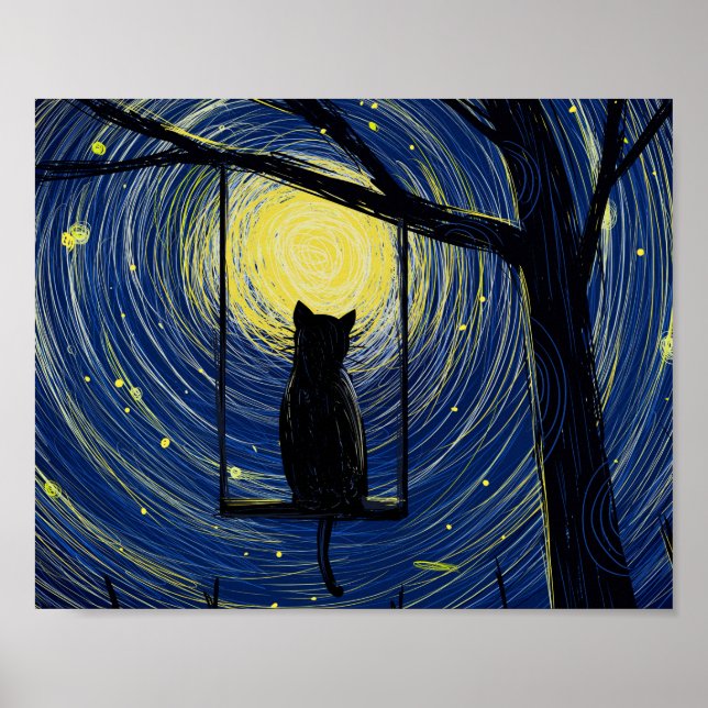 Kanvastrycket Starry Cat Night Poster (Framsidan)