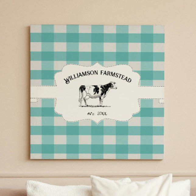 Kanvastrycket Teal Buffalo Play Farm Cow Canvastryck (Teal Buffalo Plaid Farm Cow Canvas Print)