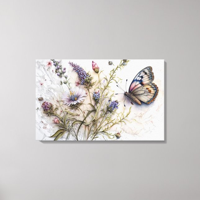 Kanvastrycket Watercolor Wildblommor och Butterfly Canvastryck (Framsida)