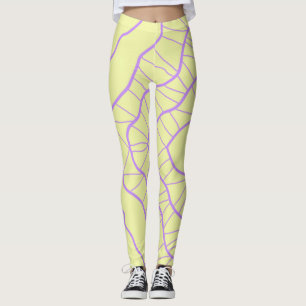 Kaos Abstrakt Gult med Purpurfärgade Vågiga Linjer Leggings