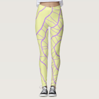 Kaos Abstrakt Gult med Purpurfärgade Vågiga Linjer Leggings