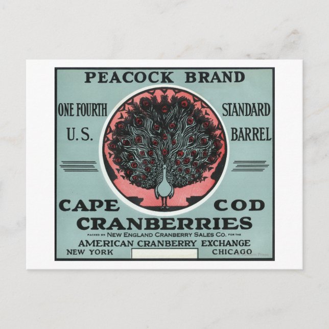 Kap Cod Peacock Brand Cranberry-etikett Vykort (Framsida)