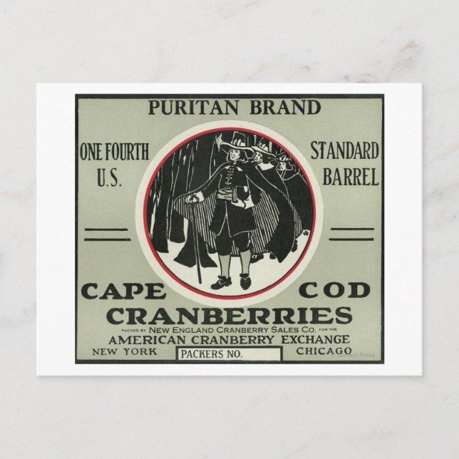 Kap Cod Puritan Brand Cranberry-etikett Vykort (Framsida)