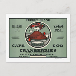 Kap Cod Turkey Brand Cranberry Label Vykort