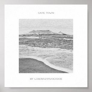Kap Town Bord Mountain Beach Ocean Sketch Poster