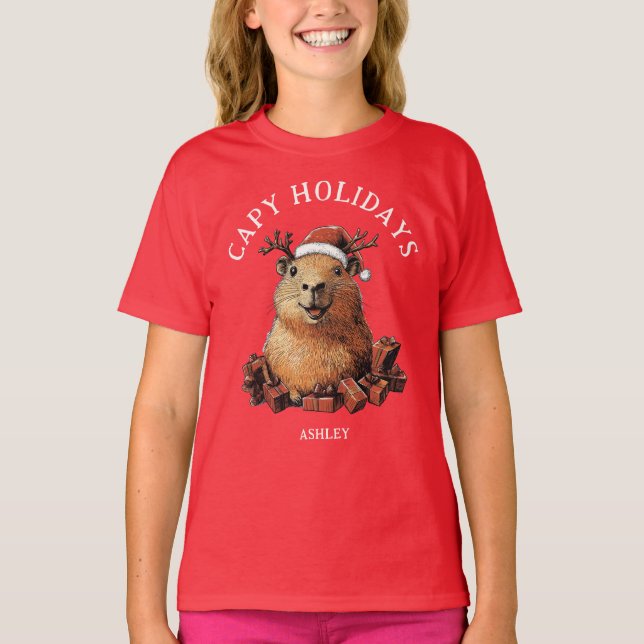Kapacitet Helgdagar Cute Roligt Capybara God jul T Shirt (Framsida)