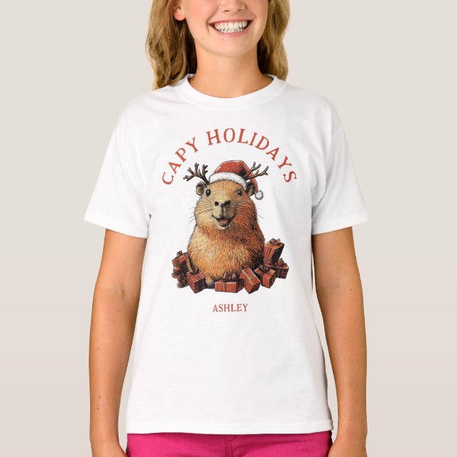Kapacitet Helgdagar Cute Roligt Capybara God jul T Shirt (Framsida)