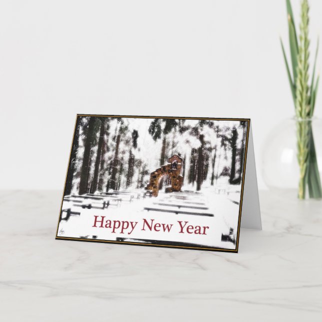 Kapel i Skogen i en snöglöd Gott nytt år Helgkort (Framsida)