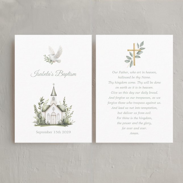Kapell Dop Vit Duva, Grön Bönkort Visitkort (Baptism Lord's prayer Card - white chapel)