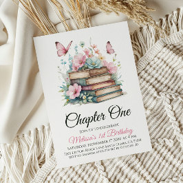 Kapitel 1 Blommigt Rosa Girl First Birthday Inbjudningar