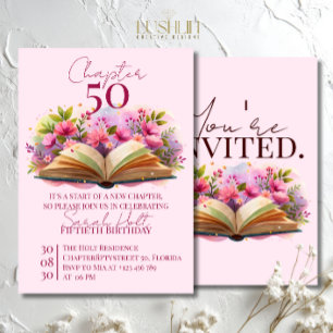 Kapitel 50 Födelsedag – Öppen bok med rosa blommor Inbjudningar