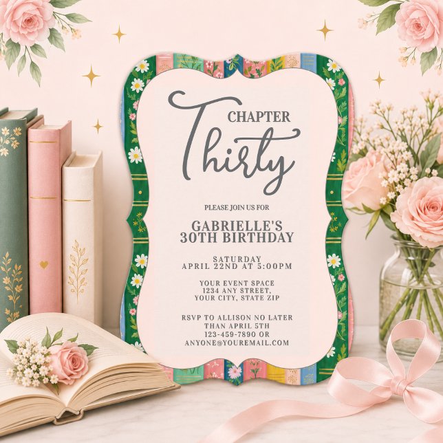 Kapitel trettio Blommig saga 30-årsdag Inbjudningar (Chapter 30 Book Themed Birthday Invitation)