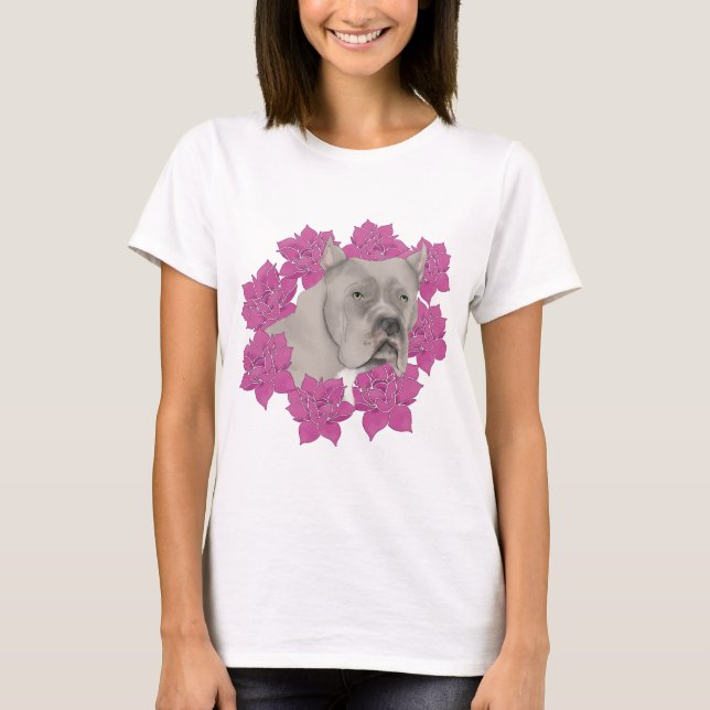 Käpp Corso Hund med Rosa Flowers T Shirt (Framsida)