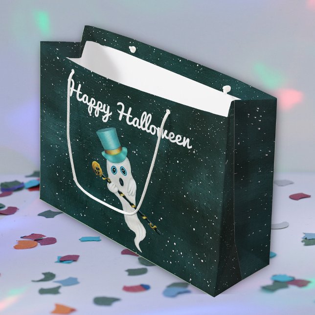 Käppen Cute Ghost Finare Hat och Skull Flyter Himl (Fun fancy white ghost top hat gold skull cane floating in blue night sky Halloween gift bag.)