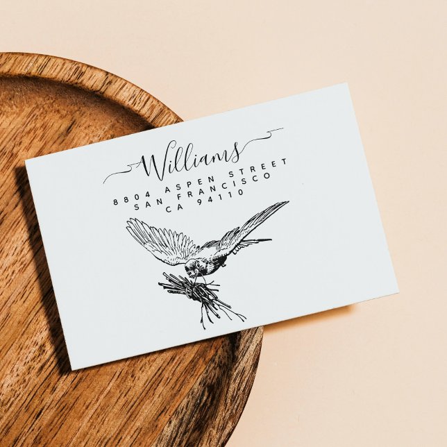 Kapsla Returadress i Bird Modern Script-familjen Stämpel (Nesting Bird Modern Script Family Return Address Rubber Stamp. For newlyweds, new house, relocation)
