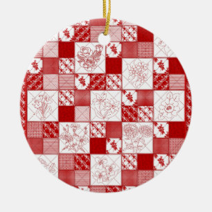 Kapslade blommor, omformulerade, Quilt-RED- Julgransprydnad Keramik