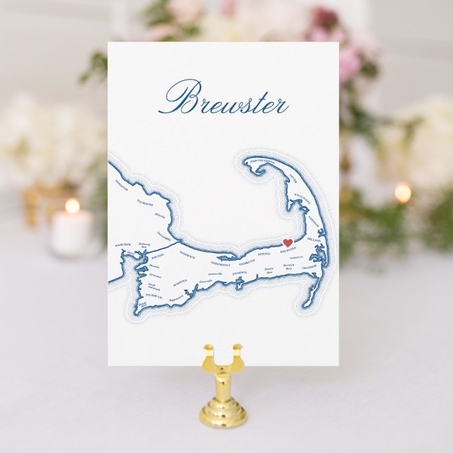 Kapstaden Bröllop Bord, Namn-kort Brewster Inbjudningar (Brewster Cape Cod Wedding Table Town Name Cards fully editable with elegant navy blue map)