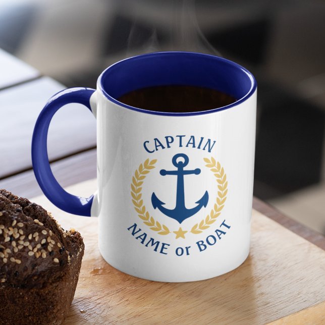 Kapten Båt Namn Ankare Guld Stil Laurel Navy Mugg (Skapare uppladdad)