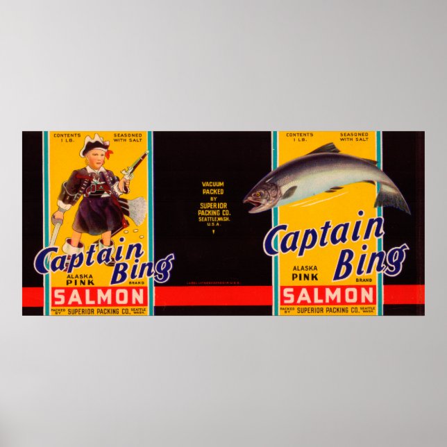 Kapten Bing Brand Salmon Label-Seattle, WA Poster (Framsidan)