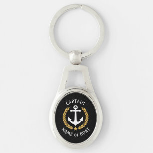 Kapten Boat Namn Anchor Guld Stil Laurel Metall Ovalt Silverfärgad Nyckelring