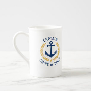 Kapten Boat Namn Anchor Guld Stil Laurel Navy Benporslin Mugg