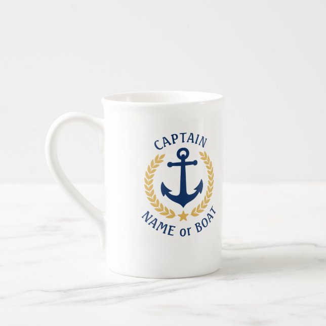 Kapten Boat Namn Anchor Guld Stil Laurel Navy Benporslin Mugg (Vänster)