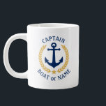 Kapten Boat Namn Anchor Guld Stil Laurel Star Jumbo Mugg<br><div class="desc">En Personlig gigantisk 20-uns kaffe Mugg med kapten rank eller annan titel,  din båt namn,  namn eller annan önskad text. Med en designad sjöbåtankare i anpassningsbar,  löv i guld stil och stjärnemblem. Gör en underbar gåva till tillfälle.</div>