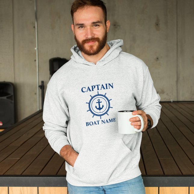 Kapten Boat Namn Anchor Rope Helm Nautical Grått Hoodie (Customize to change text size. Choose from a variety of shirt colors and styles.)